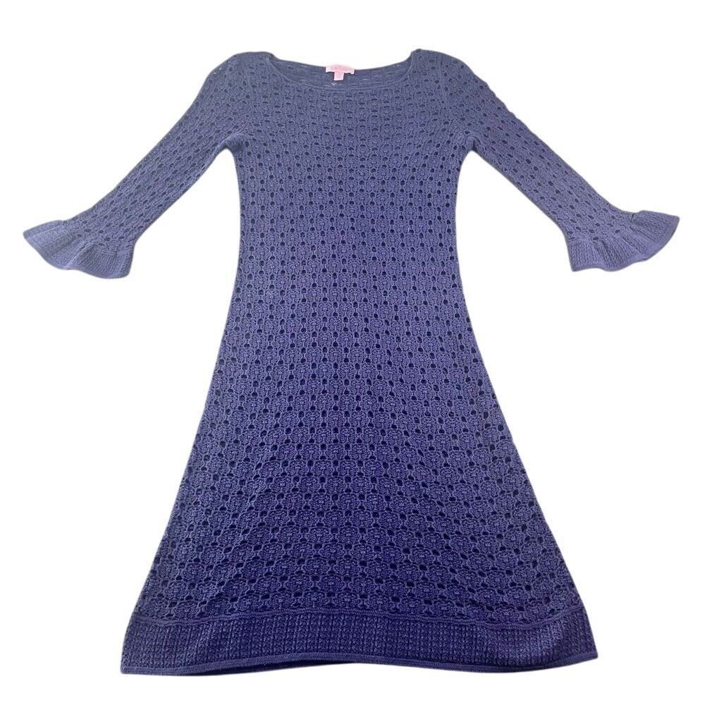 Lilly Pulitzer Women Crochet Tunic Dress Purple XS Bell Sleeve Beach Coverup